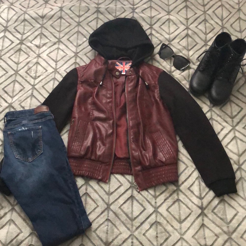 Burgundy Leather Hooded Biker Jacket